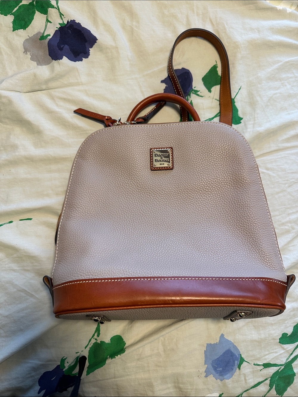 Dooney & Bourke Taupe Pebble Leather Backpack with Brown Trim